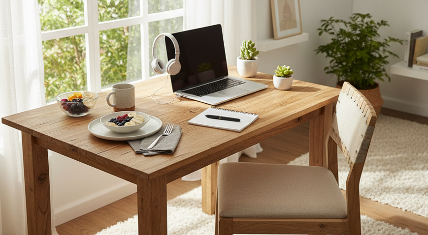 一人暮らしでテーブルとデスク両方置く?省スペースで快適に使える兼用アイデア集 8 一人暮らしの部屋で自然光が差し込む窓辺に置かれた木製のテーブル兼デスク。ラップトップ、ヘッドフォン、ノート、朝食が置かれ、多機能な使い方が示されています。