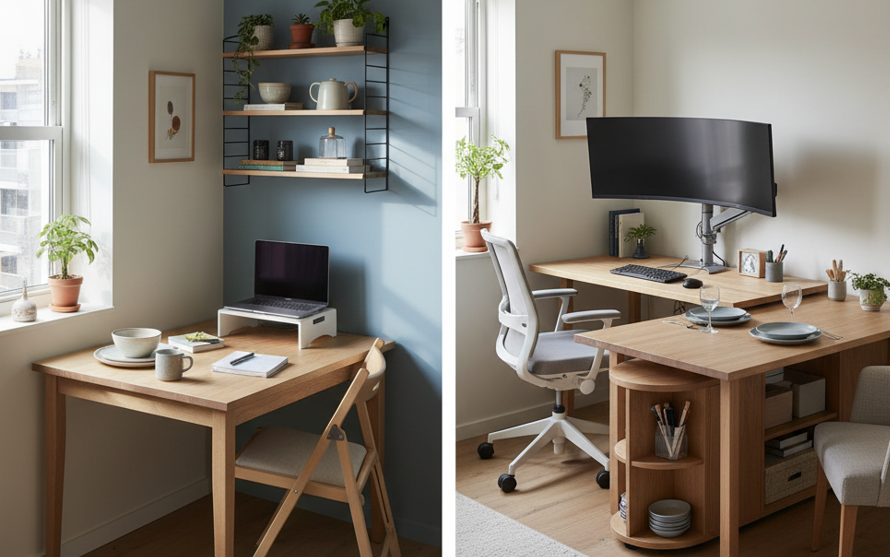 一人暮らしでテーブルとデスク両方置く?省スペースで快適に使える兼用アイデア集 9 一人暮らしの部屋で、テーブルとデスクの機能が組み合わされた家具が2つの異なるレイアウトで示されています。左側はダイニングと作業スペースを兼ねたシンプルなテーブル、右側はL字型のデスクと食事スペースが一体化した効率的なセットアップです。