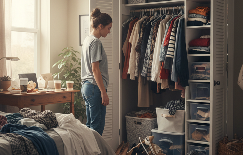 クローゼットに服が入りきらず困っている女性が、収納を見つめながらため息をついている様子。部屋は散らかっており、整理整頓の必要性が感じられる。