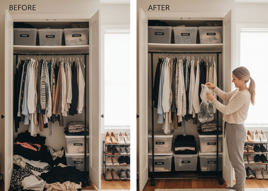ハンガーラックや収納ケース、圧縮袋などを活用して、クローゼットの中を効率的に整理整頓している様子。 Before/After がわかるような画像。