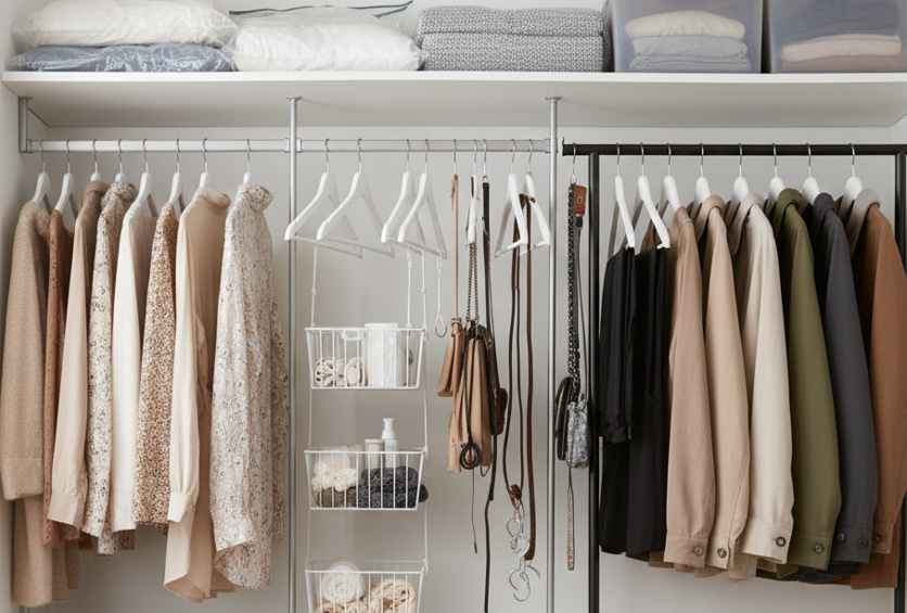 通販で購入できる収納アイテム（例：突っ張り棒、収納ボックス、ハンガーラック、S字フックなど）が美しく整理されたクローゼットに配置されている様子。