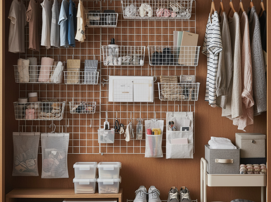 押入れ収納を100均ワイヤーネットで整理している様子。